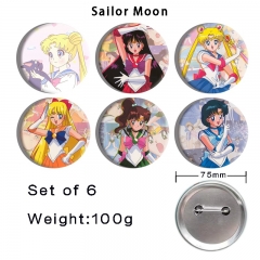 6PCS/SET 75mm 3 Styles Pretty Soldier Sailor Moon Cartoon Anime Tinplate Pin Brooch